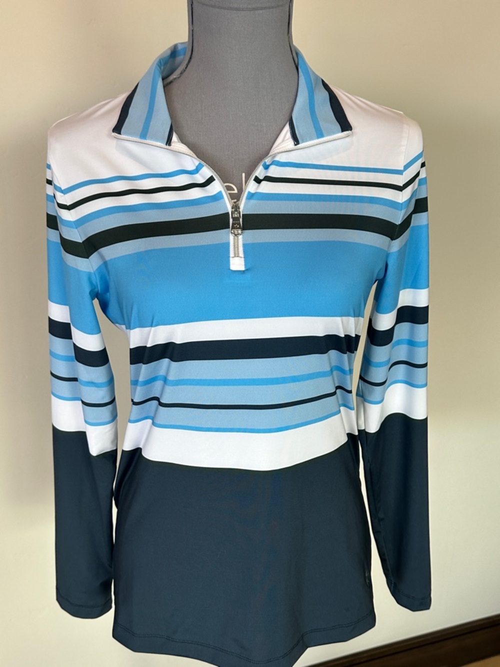 Striped Half-Zip Performance Top in Aqua, Navy & White